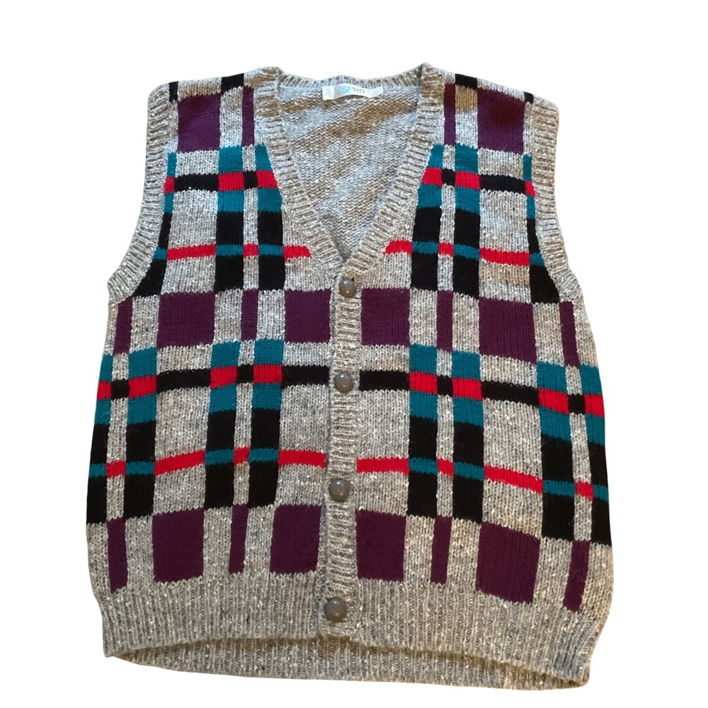 Vintage Esprit Plaid Knit Cardigan Vest Gray Purple Teal Wool Blend Large
